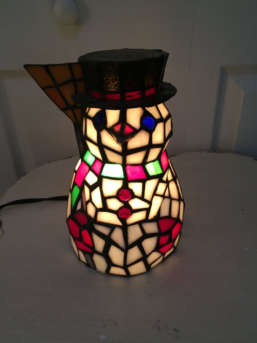 Stained Glass Lighted Snowman w/Broom  8" Christmas Lamp Frosty, Top Hat, Broom